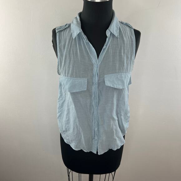 TALULA Sleeveless Blue Blend Silk Button Down Collar Pocket Blouse Top S Small - Picture 2 of 12